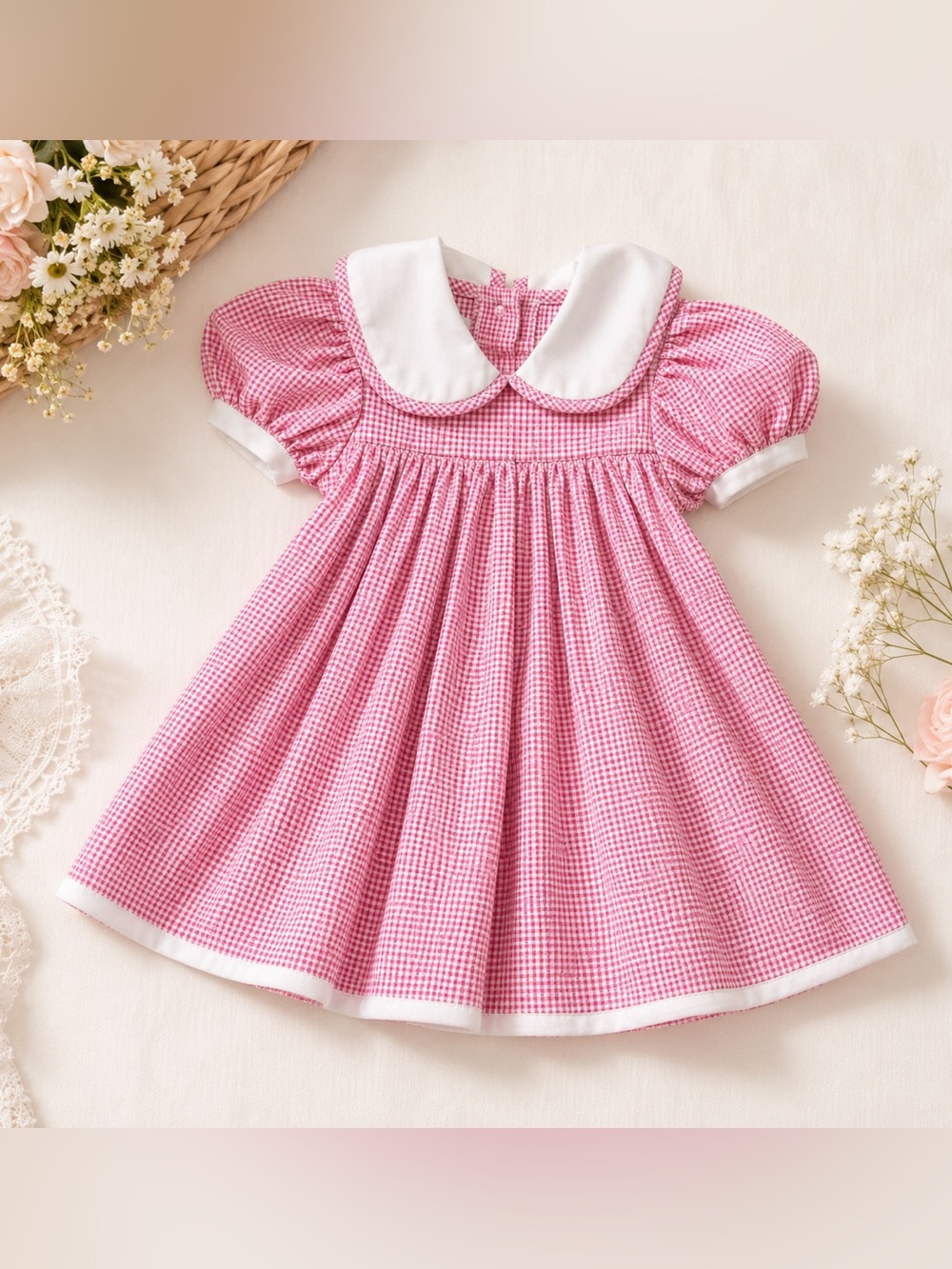 Youngland Pink Gingham Dress 2T Peter Pan Collar Puff Sleeve Easter Cottagecore